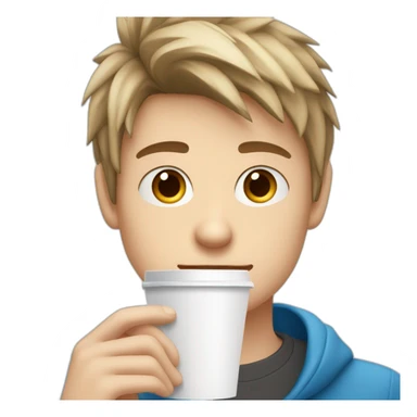 white blue eyed teen boy with dark blonde spiky hair stands with a disposable white cup of coffee in his hands sticker