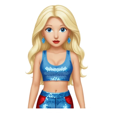Christina Aguilera with blue eyes, long blonde hair, light blue sequin crop top, red sequin pants sticker