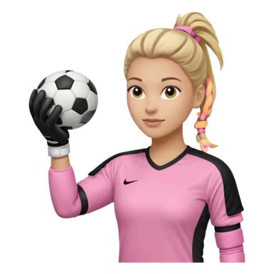 Make a dirty blonde football goalkeeper with goalkeeper gloves on. light skinned and wearing a light pink football kit. Wearing one ponytail on back of head. Make it without the whole body. With full sleeves. No RUGBY BALl.  BLACK AND WHITE BALL.  Holding the ball regularly sticker