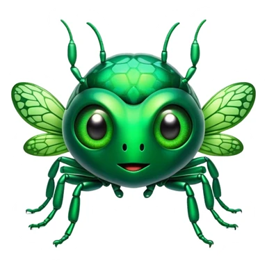 Cinematic Cute Green Bugdie Portrait Emoji, Head tilted playfully and inquisitively, featuring a glossy, vibrant emerald exoskeleton with intricate patterns, round, sparkling multifaceted eyes filled with curiosity, Simplified yet irresistibly adorable features, highly detailed, glowing with a warm, friendly glow, high shine, affectionate and lively, stylized with a touch of whimsy, bright and endearing, soft glowing outline, capturing the essence of a mischievous yet charming bug, so playful it feels like it could buzz out of the screen and into your arms! sticker