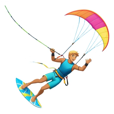 A kitesurfer soaring through the sky, harnessing the wind on a bright, colorful kite. The scene shows the surfer gliding over the water with the kite above, emphasizing the freedom, speed, and thrill of the sport in a dynamic coastal setting. sticker