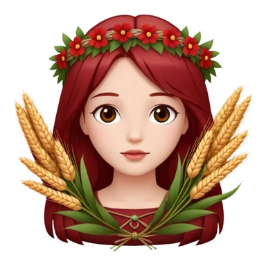 In Greek mythology, Persephone is often depicted as a young goddess with fair skin and dark red, straight hair. She is typically shown wearing a wreath of flowers and holding symbols like sheaves of grain or a flaming torch.  sticker