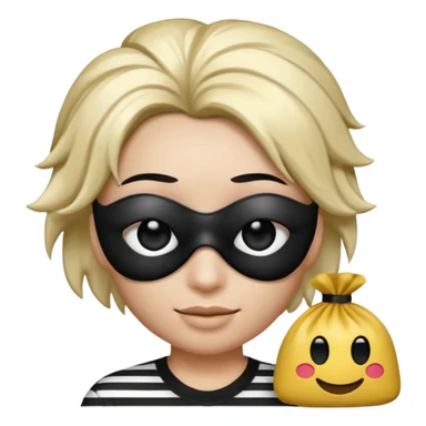Realistic ios emoji-style portrait of a classic burglar, a black eye mask and a black-and-white striped shirt. Highly detailed, natural skin texture, realistic shadows, smooth gradients, glossy reflections in the eyes. emoji-like hair, black hat, an emoji bag of money in a right corner  sticker