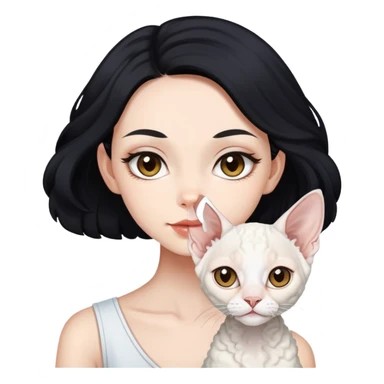 a  girl with black long hair with a white devon rex  sticker