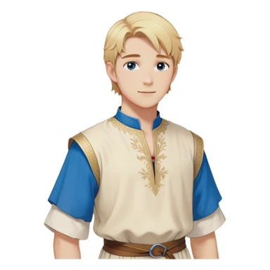 Medieval summer outfit worn by a DnD themed fantasy male character. Light cotton tunic in natural cream color with short sleeves, embroidered with simple floral patterns at the hem, paired with a thin leather belt. Clothes only above the waist, full waist coverage. The character has no arms. Character is white-skinned with golden blonde hair styled in a classic page-cut that falls just above the ears, slightly longer in the back, bright blue eyes, and youthful features. sticker