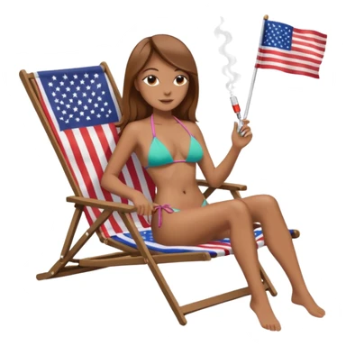 Woman with straight light brown hair in a bikini in a beach chair vaping with an american flag sticker