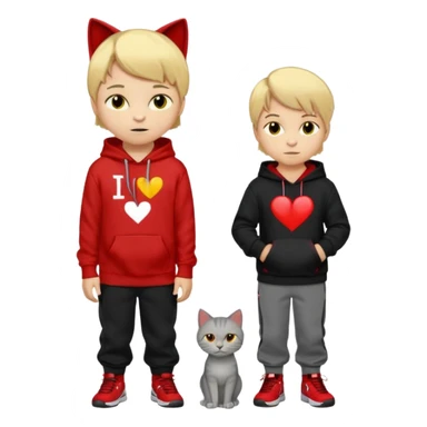 A 8 year old boy wearing a red and black hoodie say I heart cats he’s blond he has red Jordan’s and Hess wearing black pants he’s next to a gray cat with yellow eyes  sticker