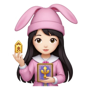 pixel art chibi asian girl with dark long hair in pink bunny hat magical girl with kawaii tarot cards thrown in air pixel emoji sticker