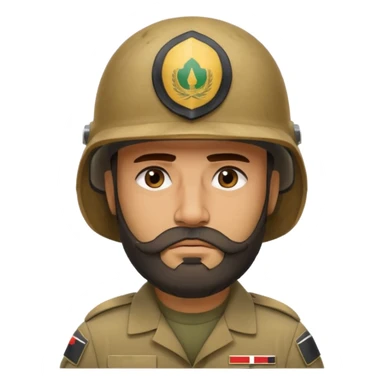 very tired Iraqi military, in a helmet, with a beard sticker