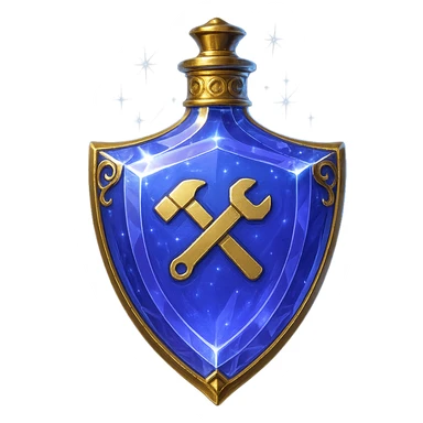 premium class crystal elixir bottle in shield shape, color #7986cb, with 🛠 symbol on the bottle, lots of shining, edges, ornaments, golden details, magical effects, very small golden neck, transparent background, beautiful seamless bottom, bottle clearly floating in air, no base or shadow, very luxurious, modern, matching a collection sticker