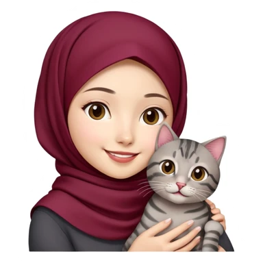 Asian White girl wearing cute maroon hijab holding a black grey tabby cat while smiling.  sticker