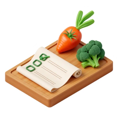carrot tomato brocoli on the wooden cutting board with floating rolled paper list with green checkboxes sticker