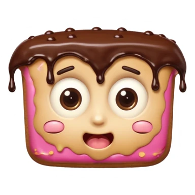 Rectangular chocolate mini pastry, slightly messy and squished, chocolate dripping, big round eyes, wide open mouth, playful surprised expression, text above: "ПАСТИЧКА", chibi style, Twitch emoji style, transparent background, colorful

 sticker
