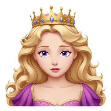 Cinematic Realistic Sleeping Beauty (Aurora) Portrait, with porcelain-like skin featuring a natural rosy flush, illuminated by soft lighting that highlights the gentle contours of her face. Her golden blonde hair flows in soft, detailed waves with subtle highlights that shimmer in the light. Her deep violet-blue eyes radiate warmth and innocence, framed by arched brows and long lashes. Her serene expression exudes quiet elegance. She is dressed in her classic pink gown, the fabric rich in texture with delicate folds that catch the light. A golden crown rests atop her head, gleaming with royal refinement. The portrait captures a soft, glowing aura, blending realism with an ethereal sense of beauty and timeless enchantment. sticker