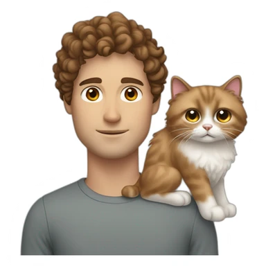 White man with brown curly hair, brown eyes, thick eyebrows, sharp jawline, bigger nose holding Ragdoll cat sticker