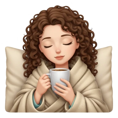 White girl with curly brunette hair wrapped in a cozy blanket sipping coffee with eyes closed peacefully sticker