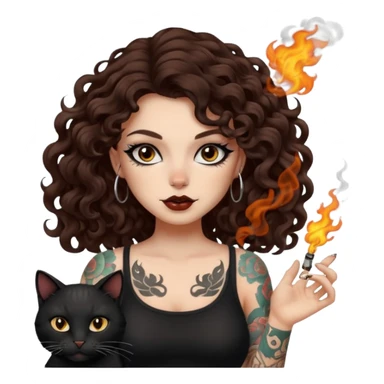 woman with long curly brown hair, brown eyes, white skin, tattoos, black cat turning into smoke and back sticker