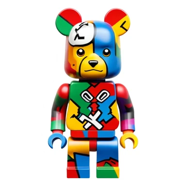 Lego bearbrick covered in colorful graffiti art, X symbols for eyes, blocky Lego aesthetic, spray paint style sticker