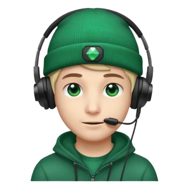 garcon avec un bonnet avec un emeraude dessus et un casque gaming sticker