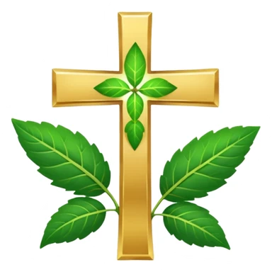 "A clean, friendly emoji of three vibrant green Tulsi (Holy Basil) leaves centered over a small, glowing golden cross or 'plus' sign, symbolizing healing. Simple, flat, 32x32 pixel icon style. Transparent background. Icon for natural healing and wellness." sticker