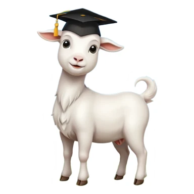 proud confident white goat emoji with black graduation cap, standing on green grass, blue sky background sticker