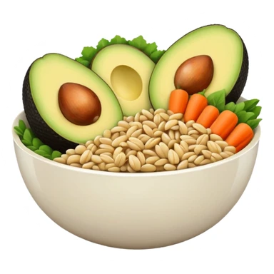 Minimalistic flat vector icon, iOS style, thin black contour on white background. Bowl with vegetables, grains, and avocado slices inside. Clean, no text, no shadows sticker
