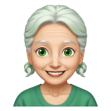 abuela con ojos verdes, pelo blanco, pelo blanco y amarrado, aspecto feliz, pelo blanco, no verde, solo verde los ojos sticker