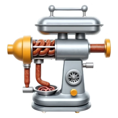 sausage-processing droid. retro-futuristic style. top is a circular industrial meat grinder with rotating gears and blades. Two robotic arms feed material into grinder. Sausage links extrude from the rear like  factory. The body is metallic, compact, and floats above the ground.no legs. Dark humor sticker