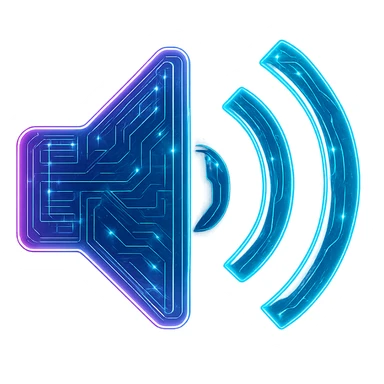 Transform the sound icon into a cyberpunk, holographic style with glowing neon blue and pink edges, circuit patterns throughout the entire icon, and a transparent background. Maintain the recognizable speaker and sound wave shapes, overlaying neon and circuit effects in the same futuristic, clean style as the previous cyberpunk icons. The whole icon should have a consistent cyberpunk glow and intricate circuit details. sticker