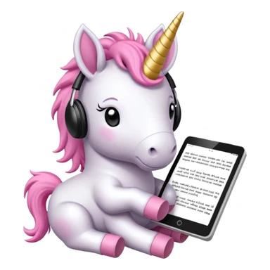 Emoji WhatsApp di un unicorno di peluche bianco con corno rosa, cuffie nere e e-reader. Stile vettoriale pulito, forme arrotondate, colori morbidi, espressione dolce, sfondo trasparente. sticker