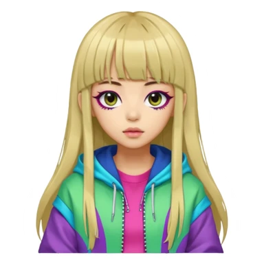  portrait-of-a-alien-k-pop-idol,-wearing-a-stylish-streetwear-outfit-with-layered-colorful-clothing,-long-hair-with-bangs,-makeup,- sticker