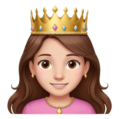 girl with long brown hair, brown eyes, wearing a pink shirt and a crown, with a birthmark on the left side of her nose, smiling, birthday theme sticker