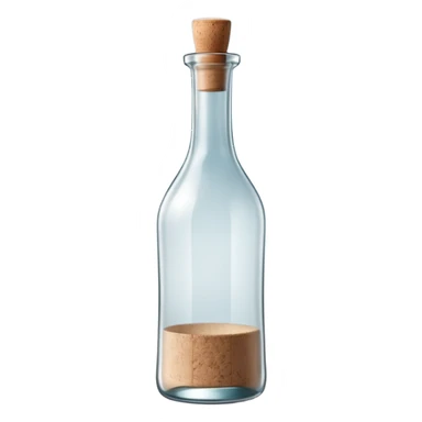 tall slender glass bottle with long neck and simple cork or screw cap, clear or frosted glass with transparent colorless liquid inside, elegant subtly curved silhouette, no label, no fruit, no extras, soft lighting, subtle shadows, emoji scale sticker