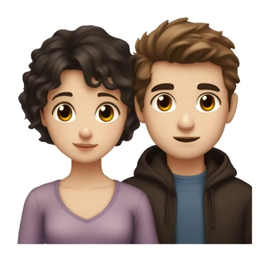 A dark brown straight haired girl with hazel eyes and pale skin beside a poofy haired super dark-haired boy with brown eyes and pale skin, they are  cuddling sticker