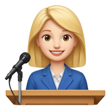 female speaker at a podium, microphone visible, smiling, apple emoji style sticker