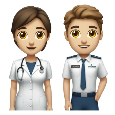 long brown haired girl nurse with brown eyes  and brunette haired boy pilot with blue eyes. couple holding ha ndds  sticker