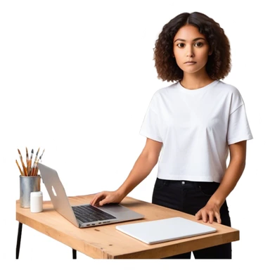 A person is **standing up from their desk**, a determined look on their face. In front of them is a **blank canvas, an open laptop, or a workbench**—a symbol of **taking action**. Their **future self**, glowing with confidence, is **guiding their hands as they type, paint, build, or create something sticker