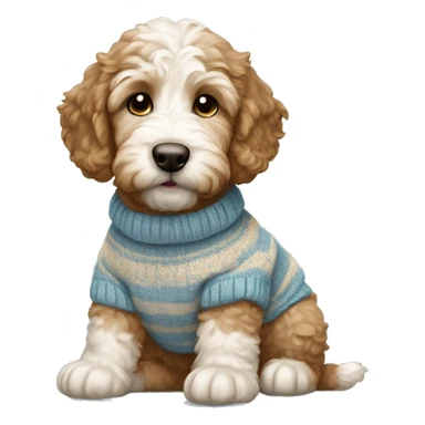 Little brown and white golden doodle puppy wearing a sweater sticker