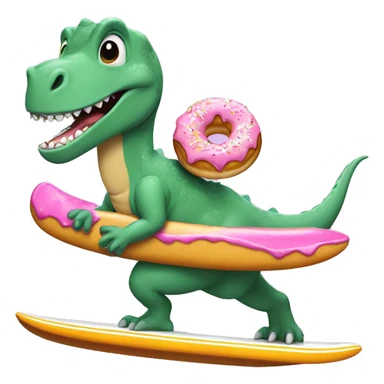 Dinosaur riding a surf board eating a donut. Make it look cartoony  sticker