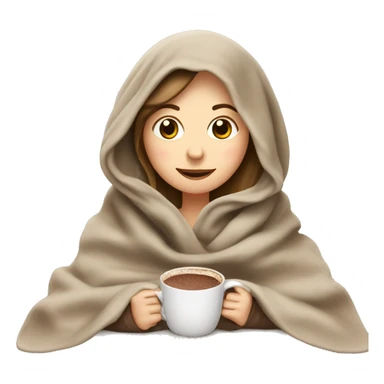 White girl having a blanket over her head with hot chocolate sticker