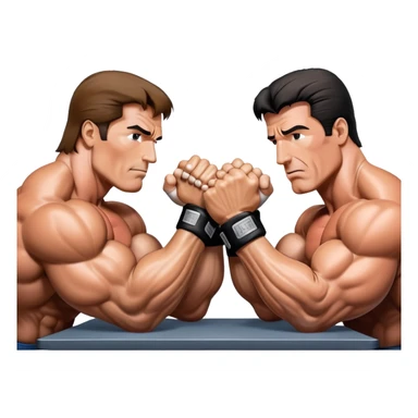 Arnold Schwarzenegger VS Sylvester Stallone from 'Over the Top,' locked in an arm wrestling battle, using only their right hands. Their left hands rest on the table. Both display immense strength, with muscular arms flexing, under bright competition lights. Transparent background. sticker