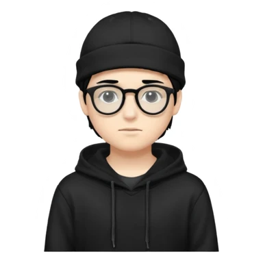 teenage boy (black hair, white skin, black eyes) wearing black glasses (nerd) and hide all his hair under a cap. wearing normal hoodie sticker