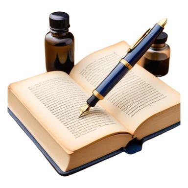 Create a vibrant emoji representing prose writing. The design should feature an open book with pages showing unfinished prose, a classic fountain pen or quill with black or dark blue ink, and an ink bottle (inkwell) next to it. The pages should have visible lines of text, but some should remain unfinished, symbolizing the creative process. Use warm, earthy tones like brown, gold, and cream for the book and background, with the ink and pen in black or dark blue. The emoji should convey the idea of storytelling, creativity, and the unfinished nature of literary work. Make the background transparent. sticker