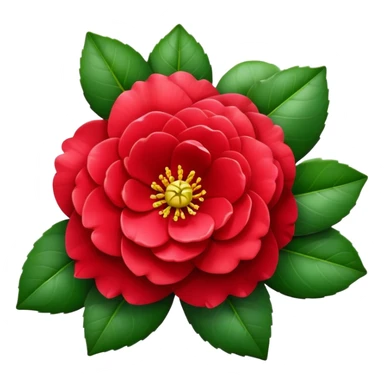 Beautiful red camellia flower with layered petals and glossy green leaves sticker