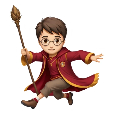Cartoon-style illustration of Harry Potter flying on a broomstick, Gryffindor red and gold outfit, expressive face, dynamic motion, magical vibe, smooth shading, vibrant colors, no background, transparent background, isolated character. sticker