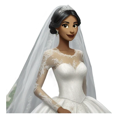 Hyper Realistic ornate ballgown long sleeve Wedding dress with diamanté on bride with green eyes and long black hair with veil sticker