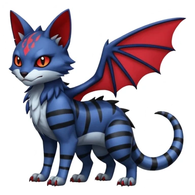 Vampiric scary spooky dark gloomy evil cute midnight blue-gray-black, with red markings, white belly, scaley scaly batty feline-like quadrupedal digitigrade furry feral Bastet-Noibat-Gatomon-Garchomp-Digimon-Fakémon-Pokémon-creature (full body) sticker
