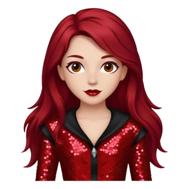 Chappell Roan (b.1998) with long dark red hair, red sequin outfit, makeup sticker