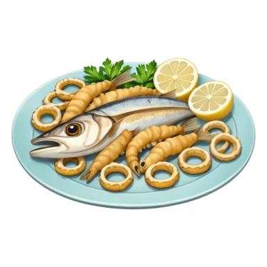 apple style ios emoji cute minimal plate of pescaito frito golden fried anchovies calamari rings small whole fish lemon wedges parsley garnish warm appetizing colors soft shading sticker