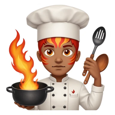 proud chef with blazing fire eyes, crossing two skillets across chest like a warrior sticker